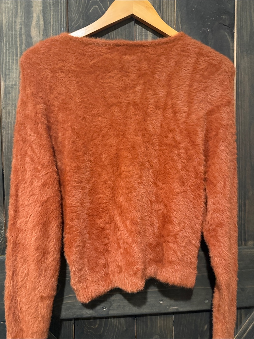 Button-Front Fuzzy Cardigan Sweater - Rust - Picture 4 of 5